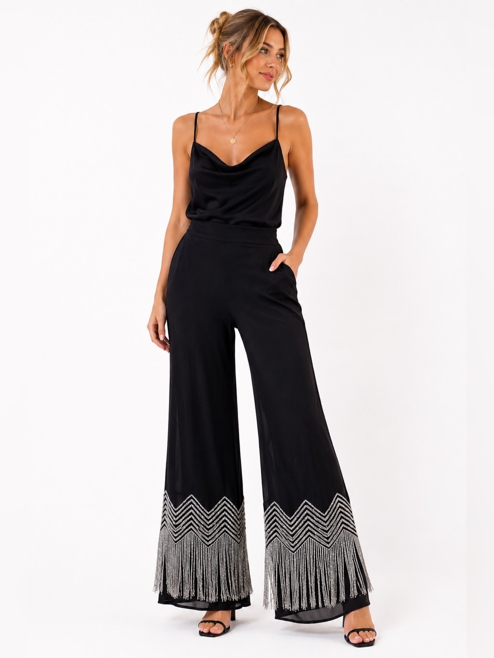 Nasty Gal Black Beaded Fringe Wide Leg Pants Size 6